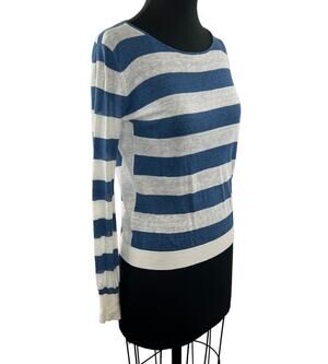 THEORY Blue White Stripe Linen Blend Long Sleeve Round Neck Pullover Sweater S
